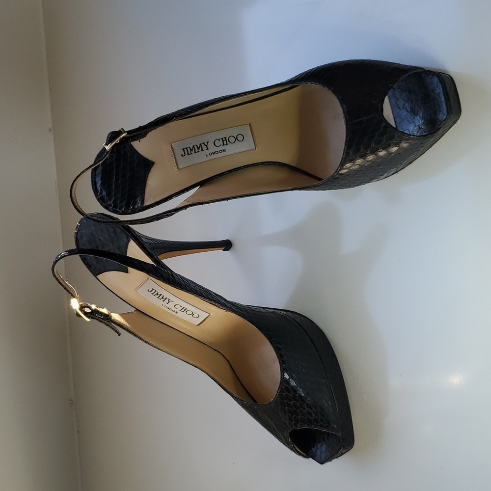 Jimmy Choo Black Vita Snakeskin Peeptoe Stiletto  40 1/2